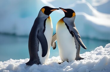 Obraz premium Two gentoo penguins stand close together on snowy ground in Antarctica. Heads close as kissing sharing moment. Background shows icy water, white snowy formations under bright sky. Charming scene