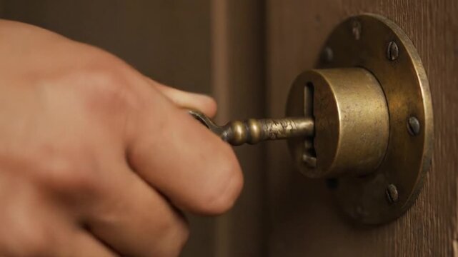 A person's hand using an antique brass key to open a wooden door, symbolizing access to new opportunities and the concept of home security
