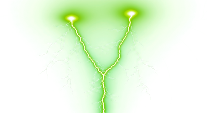 Electric green lightning bolts strike from above against darkness, powerful energy, dynamic storm effect