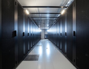 Cutting-edge data center infrastructure ready for peak performance, modern servers aligned in secure room, represents cloud computing and IT innovation