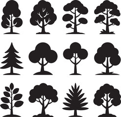 Fototapeta premium Diverse Tree Silhouette Collection on White Background Vector Illustration