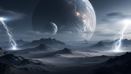 A vast alien mountain range illuminated by a giant planet in the sky, creating a cinematic sci-fi atmosphere.
