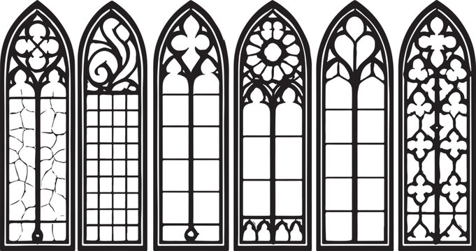  Gothic church window silhouettes enriched with medieval style decorative patterns ,Vintage catholic architecture shapes on white background. Renaissance outline.eps