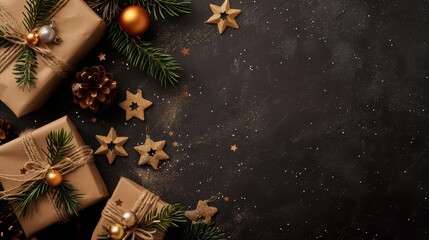 Festive christmas gift delivery with decoration on dark background for holiday design. Template for Christmas and New Year. Horizontal banner. Copy space. Free space for text. Top view
