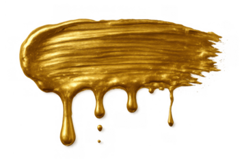 Gold paint brush stroke with drips creating a luxurious abstract texture. Liquid metallic golden color on transparent background
