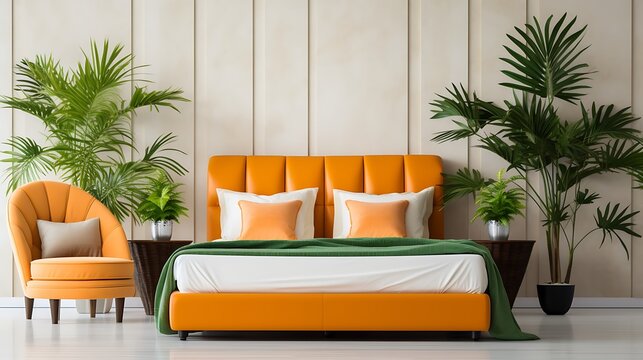 Textured luxury room with orange plush bed facing layered forest green wall, polished steel base lounge seats in ivory leather, ambient corner lighting