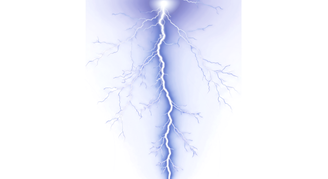 Powerful bolt of electric lightning strikes down from the sky on a black background.