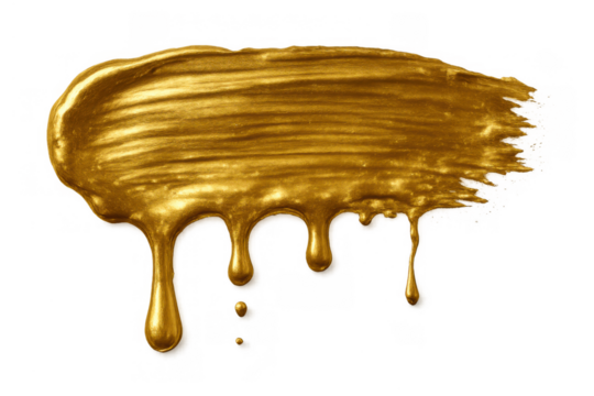 Gold paint brush stroke with drips creating a luxurious abstract texture. Liquid metallic golden color on transparent background