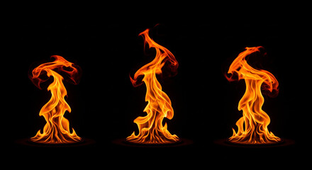 Three vibrant flames dance against a dark backdrop, showcasing the raw power and beauty of fire, perfect for illustrating energy or passion