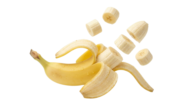 Peeled banana slices flying through the air