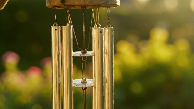 The soft glow of the evening sun illuminates a beautiful metallic wind chime, its silent promise of a peaceful melody creating a sense of calm harmony