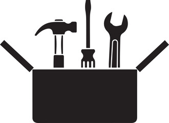Toolbox with Tools Silhouette Icon - Black and White,