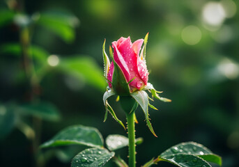 Close-up of a pink rose bud covered in water droplets, a symbol of freshness and new beginnings