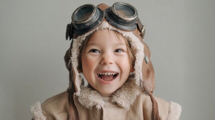 A happy child wearing a pilot outfit and goggles is smiling brightly. The cheerful atmosphere reflects a playful spirit showcasing a love for adventure.
