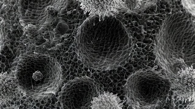 An extreme close-up of a textured, biological structure with spherical elements
