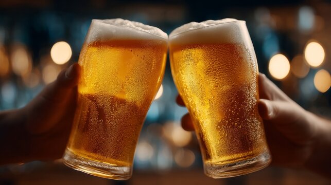 Two hands lift frosty glasses filled with golden beer, clinking together in celebration. The vibrant atmosphere of a bustling bar creates a joyful backdrop on a cheerful evening