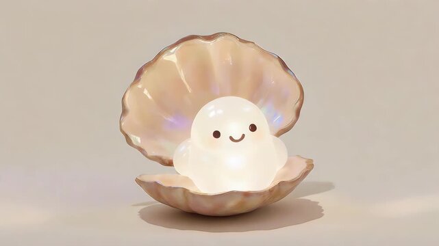 A Glowing Cartoon Pearl Creature Emerging from a Pearlescent Seashell