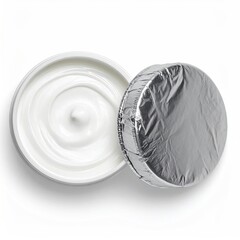White cream in a round, open container with a silver foil lid