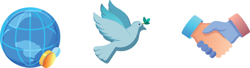 Isometric Icon Set for Global Business, Peace, and Partnership Handshake