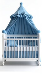 Light blue canopy over a white crib