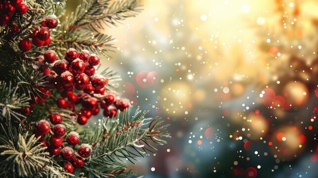 Festive new year and christmas holiday background with evergreen pine and red berries. Horizontal banner. Copy space. Red berries on a blurred festive background. Free space for text