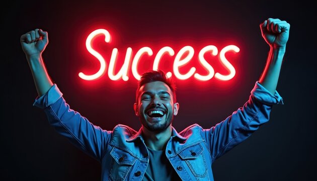Young joyful man celebrates victory with raised arms under red neon sign with success word. Happy male person expresses excitement, triumph. Winner feels achievement showing positive emotion after - Powered by Adobe