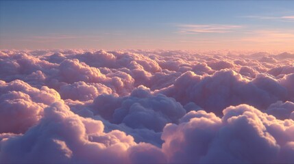 Fluffy clouds in shades of pink and orange fill the sky during sunset showcasing a peaceful scene from above. The gentle light creates a calming effect in the atmosphere.