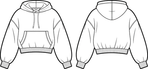 Cropped pullover hoodie CAD drawing, front and back view balloon sleeve streetwear sweatshirt flat vector illustration for apparel technical design