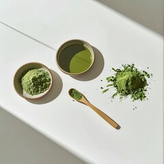 Green powder and liquid, minimalist aesthetic