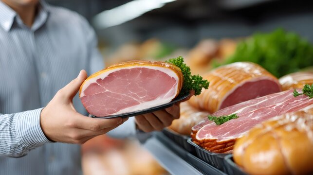 Person choosing fresh packaged meat in supermarket deli
