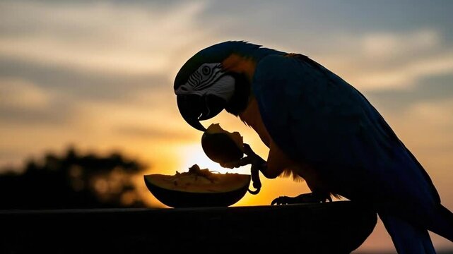 Silhouette of Blue and Yellow Macaw Parrot Enjoying Meal During Golden Sunset