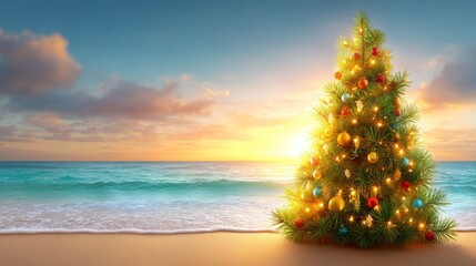 Brightly decorated Christmas tree stands on the sandy beach, with waves gently crashing nearby. The sun sets on the horizon, creating a magical atmosphere filled with holiday spirit