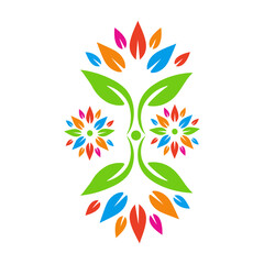 Symmetrical abstract floral design with colorful leaves and green stems