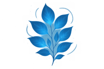 Glowing blue plant leaves with subtle lines and particles, creating a luminous, ethereal natural stem on transparent background