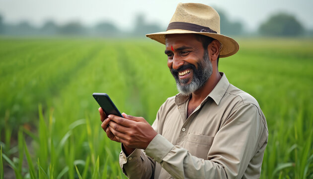 Indian farmer smiles using phone in green field. He wears straw hat and traditional bindi. Rural man checks crop data and connects with agri-business via modern device.
