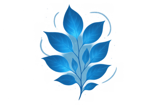 Glowing blue plant leaves with subtle lines and particles, creating a luminous, ethereal natural stem on transparent background - Powered by Adobe