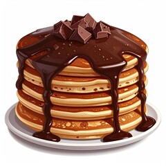 Stack of golden brown pancakes, dripping with rich dark chocolate sauce, topped with chocolate chips
