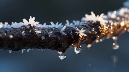 The delicate beauty of nature's artistry as intricate ice crystals and white hoar frost begin to melt, forming shimmering water drops on a winter twig - Powered by Adobe