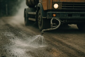 Water truck spraying road surface on a dusty path, highlighting maintenance and environmental control in urban settings. Concept of construction, cleanliness, and infrastructure care.