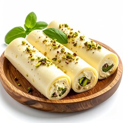 Rolled cheese slices topped with pistachios, served on a wooden plate