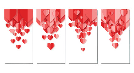 Four vertical banners with a cascade of red 3d paper hearts falling from the top, leaving ample copy space below.