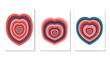 Collection of three abstract posters with a hypnotic tunnel effect created by colorful concentric hearts in retro palettes.