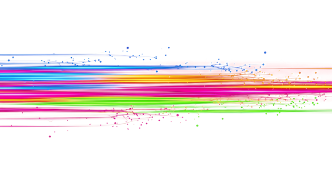 Dynamic neon light streaks bursting forward on black background, futuristic energy flow