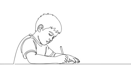 One continuous line art of a child writing, simple illustration, educational concept e