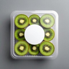Fresh kiwi slices in a clear plastic container, top view.  A blank white sticker label is centered on the container