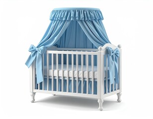 White crib with light blue canopy and frills