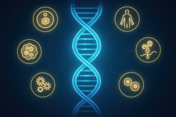 Digital representation of DNA strand surrounded by icons of cells and organisms, symbolizing genetics, biology, and the building blocks of life. Concept of scientific research and discovery.