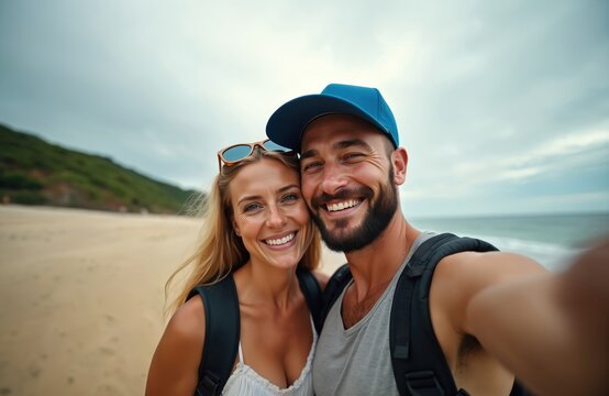 Happy couple takes selfie on sandy beach with ocean background. Man wears blue cap smiling. Woman has blonde hair, sunglasses. Together on vacation trip.