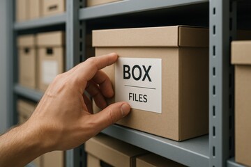 Hand reaching for a labeled storage box in a neat shelving unit, symbolizing organization and efficient file management in professional settings.