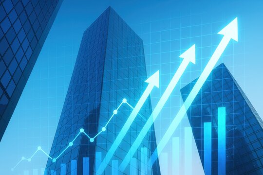 Financial growth visualization with upward arrows and skyscrapers, representing economic success, investment opportunities, and modern business dynamics. - Powered by Adobe